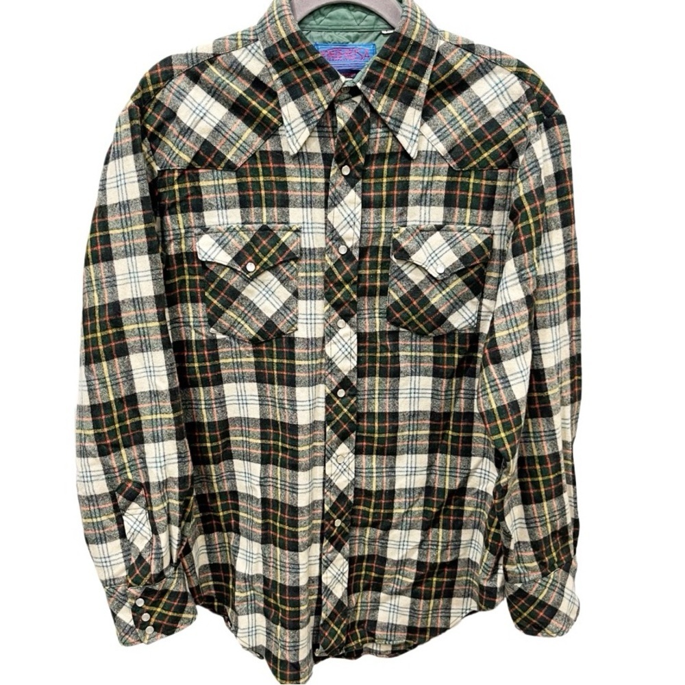 Vintage Ponderosa Shirt Men's Large 100% Wool Plaid Pearl Snap‎ Western